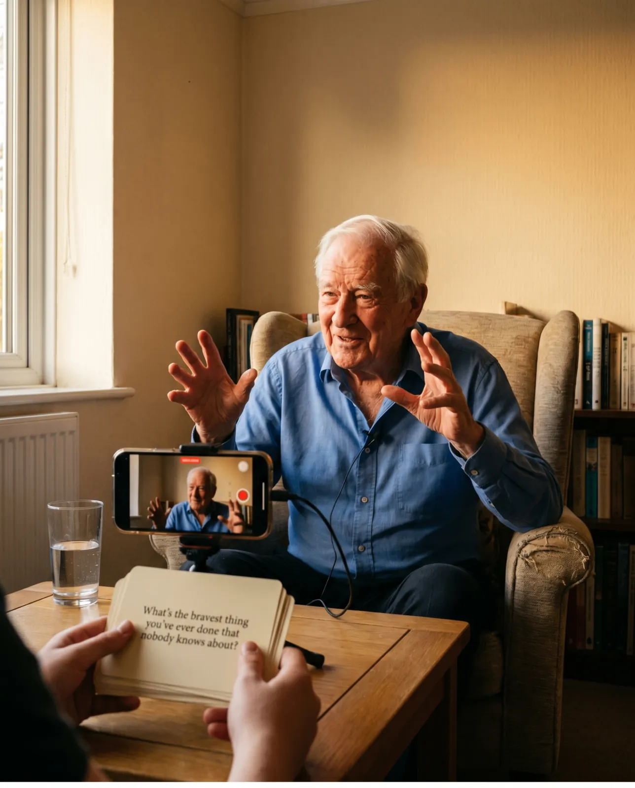 An older man in a blue shirt sitting in his armchair, hands raised mid-story, lit by warm window light — a phone on a small tripod recording him while a family member holds up a question card reading 'What's the bravest thing you've ever done that nobody knows about?'